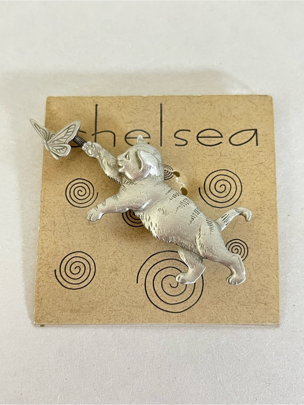 Chelsea Jonette Jewelry Pewter Brooch Kitten Chasing a Butterfly